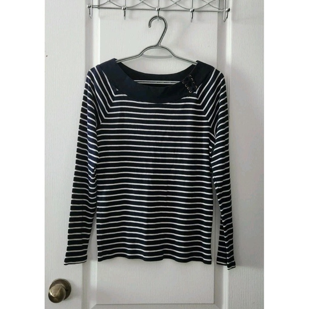Ralph Lauren Boatneck Striped Womens Top Long Sleeve Blue White Cotton Size XL
